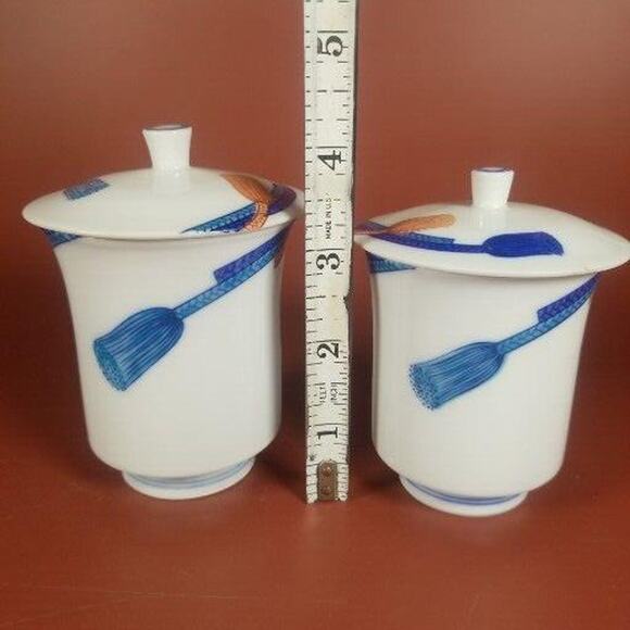 Japanese Tea Cup Mugs With Lids, Tassel Print Blue And Orange Two Sizes Lot of 2 - Picture 9 of 11
